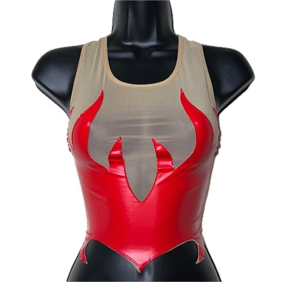 New S Red Flame Vegan Leather Top Sleeveless Mesh Y2K Stretchy Sexy Devil Satan - Picture 2 of 5